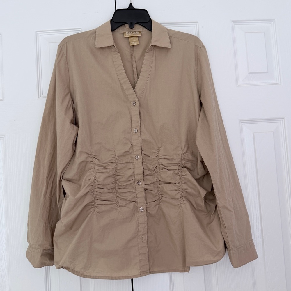 Miss Tina by Tina Knowles Collared Button Up Blouse with Ruching Details